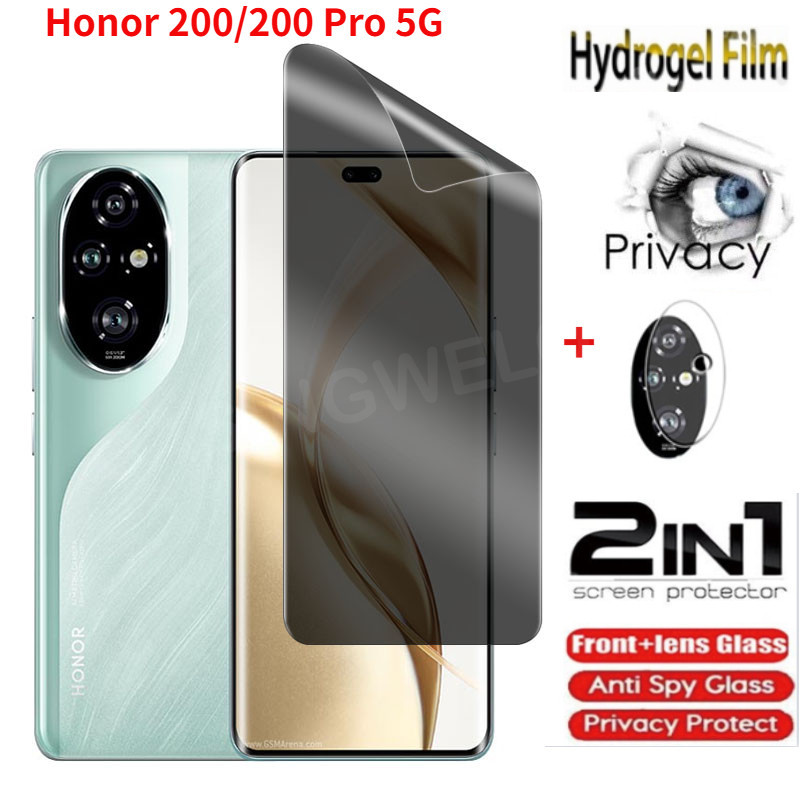 2 in1 Honor 200 Pro 5G 2024 Privacy Hydrogel Film Anti-Spy Full Cover Screen Protector Anti Peek Privacy Film สําหรับ Honor 200 Pro สมาร์ท 200 Lite X8B X8c กล้องฟิล์มกลับเลนส์ฟิล์ม