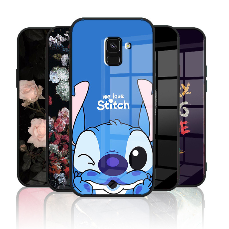 เคสกระจก Samsung Galaxy A5 2018 /A6 2018 / A8 2018 / A6 plus / A8 plus /J6 2018 เคสกระจกนิรภัยฮาร์ดฝาหลังขอบซิลิคอนอ่อน