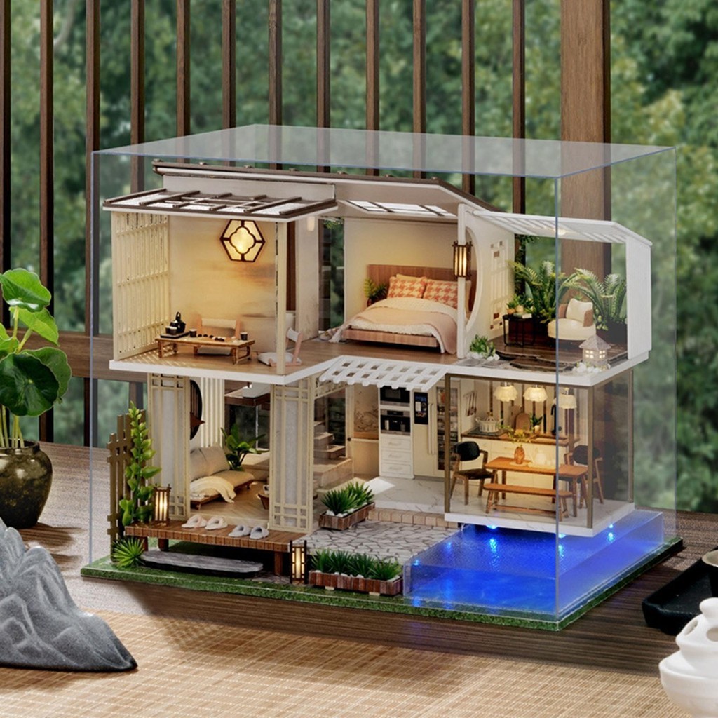[Lszcx6l ] Diy Miniature Dollhouse Dustproof Case Apartment Dollhouse Furniture Kit สําหรับของขวัญวันเกิดเด ็ ก
