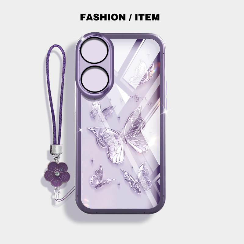 ผีเสื้อหรูหรากันกระแทกเคสโทรศัพท์oppo A3X 5G 4G A60 4G A1 A2 A79 A98 F23 5Gปลอกโปร่งใสฝาครอบป้องกันด้วยเชือกแขวนดอกไม้
