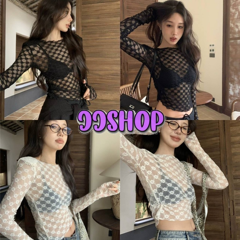 JJ Shop​ ​พร้อมส่ง เสื้อถักไหมพรมแขนยาวผ้านิ่มใส่สบาย คอกลม ดีเทลลูกไม้ซีทรู "U092"