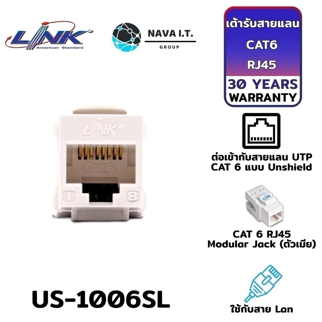 มีส่งด่วน LINK US-1006SL CAT6 RJ45 SIIM WHITE JACK COLOR CHAHGEABLE ตัวเมีย ประกัน 30ปี