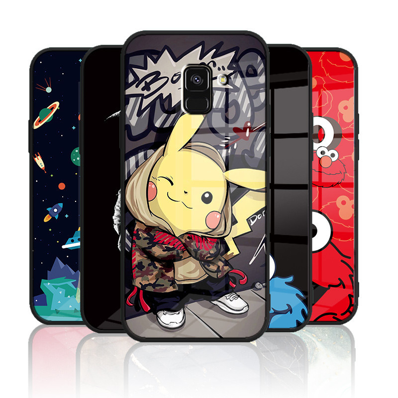 เคสกระจก Samsung galaxy A5 2018 / A6 2018 / A8 2018 / A8 plus 2018 / J6 2018 เคสกระจกนิรภัยฮาร์ดฝาหลังขอบซิลิคอนอ่อน