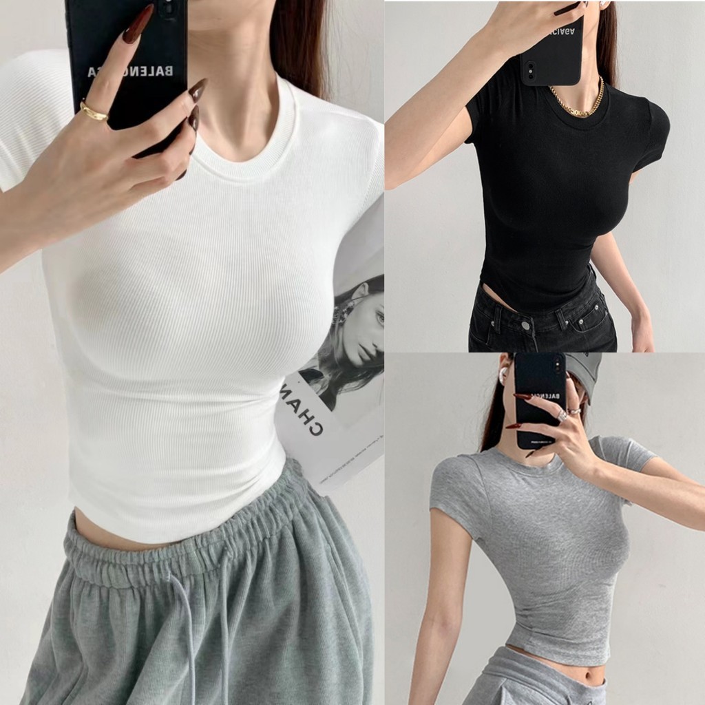 cherryshop🍒พร้อมส่ง เสื้อรัดรูป เสื้อยืดผู้หญิง แขนสั้นแฟชั่น คอกลม น่ารัก แขนสั้นเซ็กซี่รัดรูป สีพื้น สไตล์เกาหลี