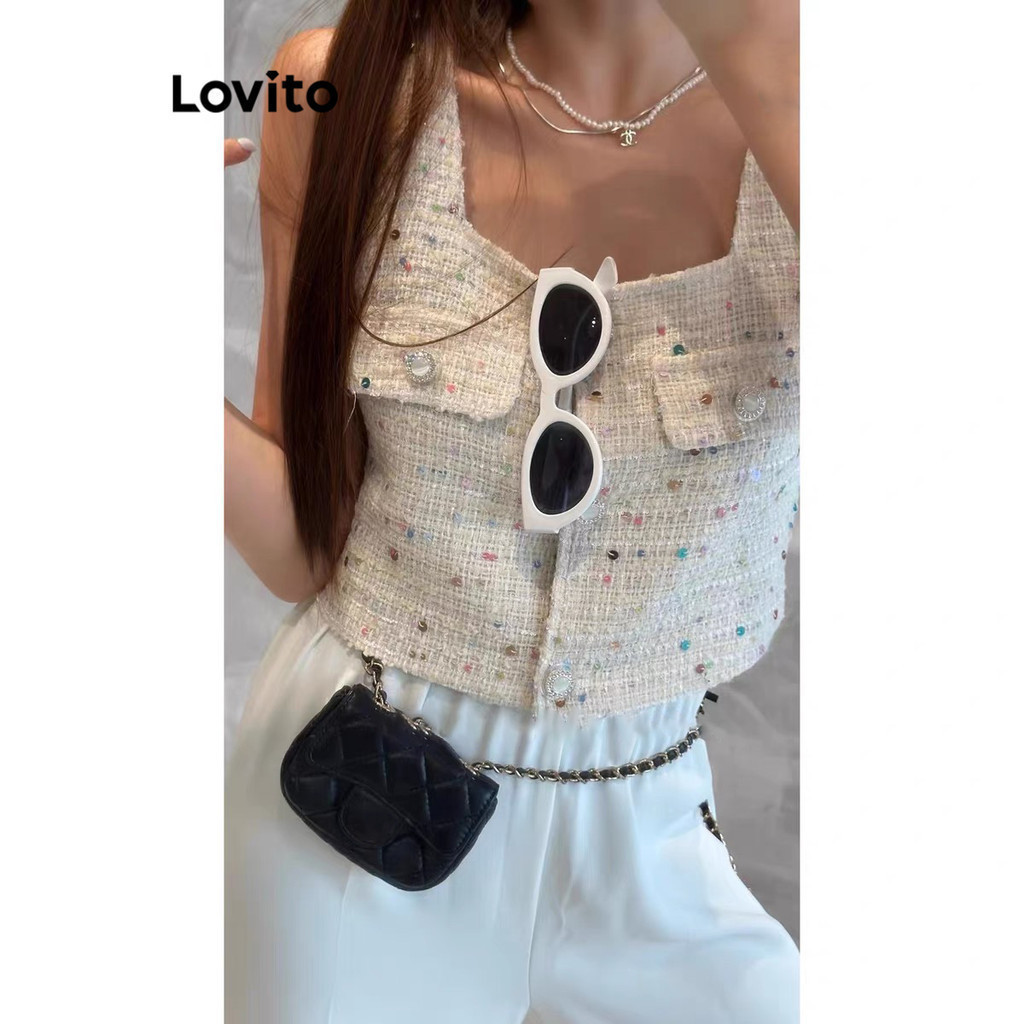 Lovito เสื้อกล้ามผู้หญิง สไตล์ลำลอง แพทช์เวิร์ค คอระบาย LNE33184 (ออฟไวท์)