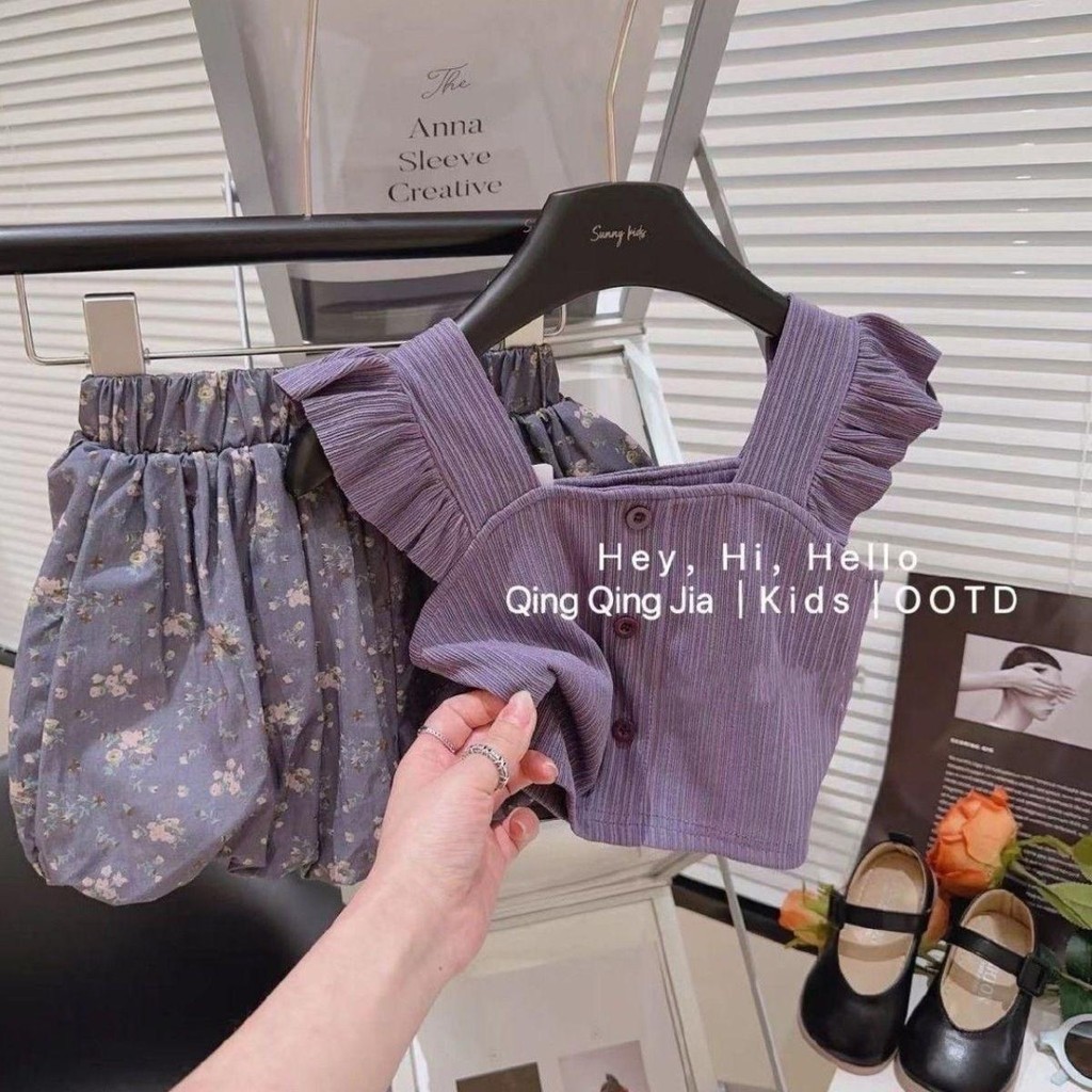 พร้อมส่งจ้า ชุดเซ็ตเสื้อสีม่วง+กางเกงทรงกระโปรงสีม่วงลายดอกไม้ ใส่สบายค่ะ ไม่คัน งานน่ารักมาก (Set purple)