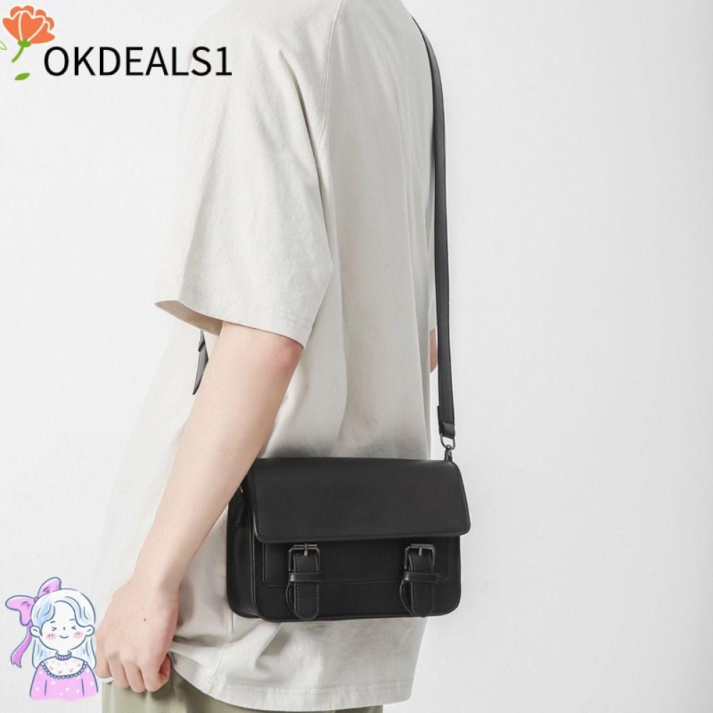 Dealshop กระเป๋าสะพายข้างชาย,กระเป๋าสะพายหนัง PU สีดํา,สไตล์มินิมอลพร้อมสายปรับได้กระเป๋าโทรศัพท์ทรงสี่เหลี่ยมผู้ชายกระเป๋า Messenger ขนาดเล็ก