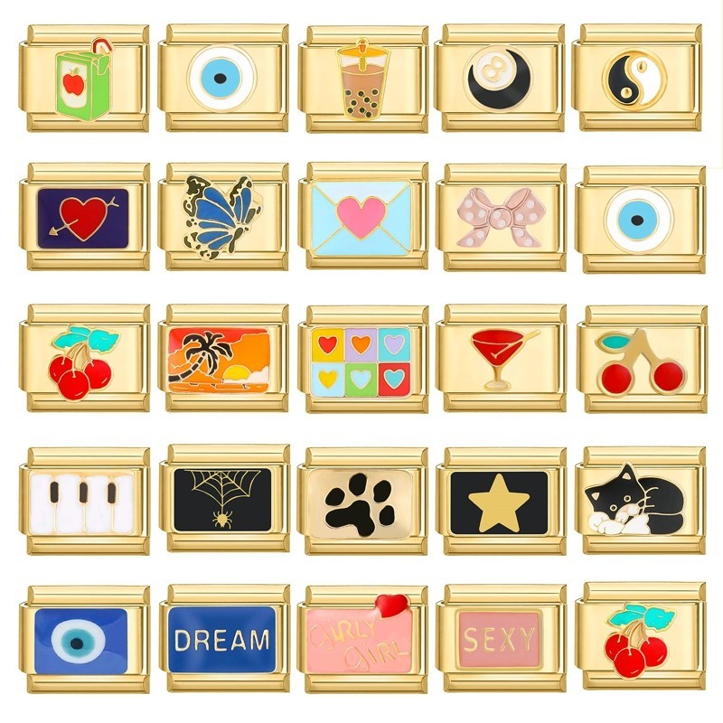 Creative เปียโน Cherry Eyes Star Cat Italian Charm Links Fit 9 มม.สร้อยข้อมือสแตนเลส DIY เครื่องประดับทํา Retro บุคลิกภาพโมดูลสร้อยข้อมืออุปกรณ์เสริมขายส่ง