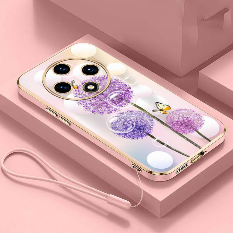 Oppo Reno 12F 5G Reno12F หรูหรา Dandelion ดอกไม้ปลอกขอบสี่เหลี่ยมชุบกลับ TPU Soft Case Cover