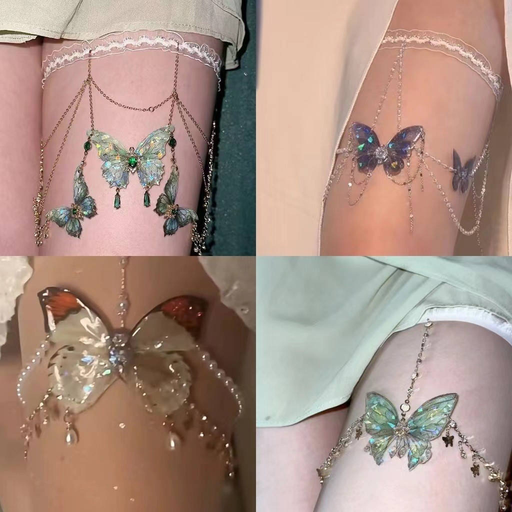 เซ็กซี่ไล่โทนสีพู่ผีเสื้อโซ่ขาหญิงหวานเย็นร้อนสาวการออกแบบสร้างสรรค์ที่ไม่ซ้ำกันชุดอุปกรณ์เสริมสาวเต้นรำเครื่องประดับแฟชั่น