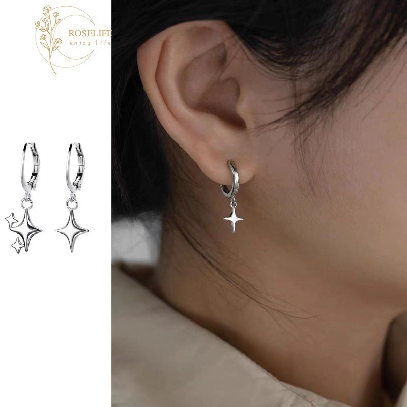 Roselife S925 Silver Cool ไม่สม่ําเสมอ Cross Star Unisex Dangling Hoop ต่างหูสําหรับผู้หญิงผู้ชาย Street แฟชั่นเครื่องประดับหูทุกวันอุปกรณ์เสริมของขวัญ