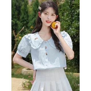 (ส่งจากกรุงเทพฯ)เสื้อเชิ้ตแขนสั้น เสื้อเชิ้ตแฟชั่นผู้หญิง คอกลม คาร์ดิแกน งานปัก ลายดอกไม้ ผ้านุ่ม สไตล์ลำลอง