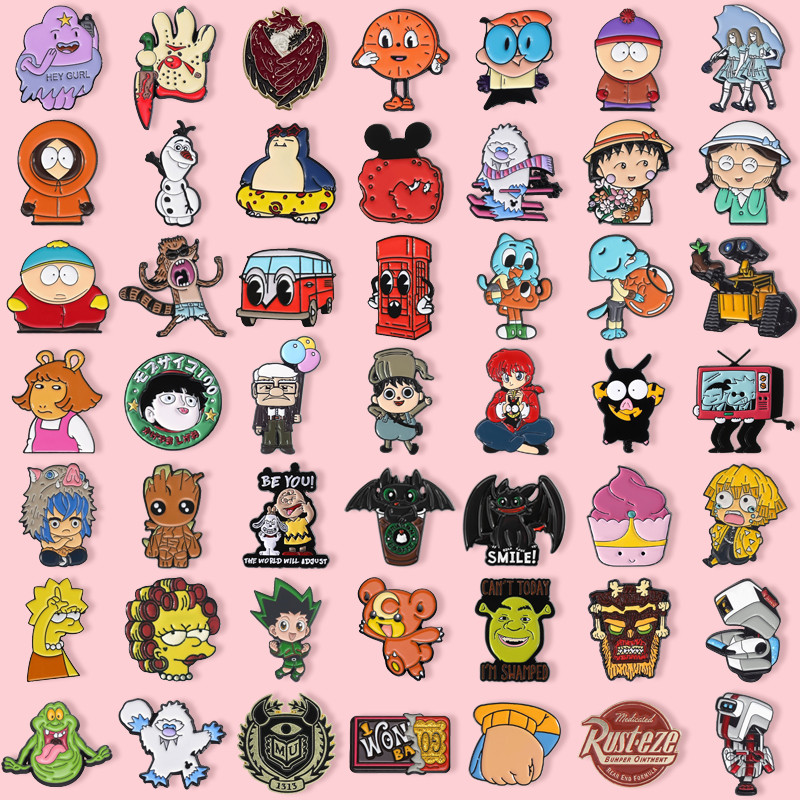 100รูปแบบนิเมชั่นอะนิเมะภาพยนตร์การ์ตูนตัวละครเคลือบเข็มกลัดน่ารักบุคลิกภาพป้ายโลหะสร้างสรรค์ที่มีสีสันกระเป๋าเป้สะพายหลังเสื้อผ้าอุปกรณ์ของขวัญส