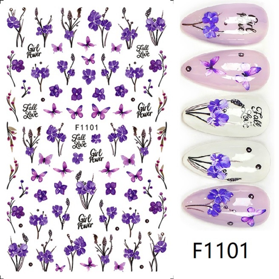 สติ๊กเกอร์ติดเล็บลายดอกไม้สีม่วงพาสเทล - สติ๊กเกอร์ผีเสื้อ - ฉ1101 ตัวเลื่อนกาวตกแต่งเล็บ