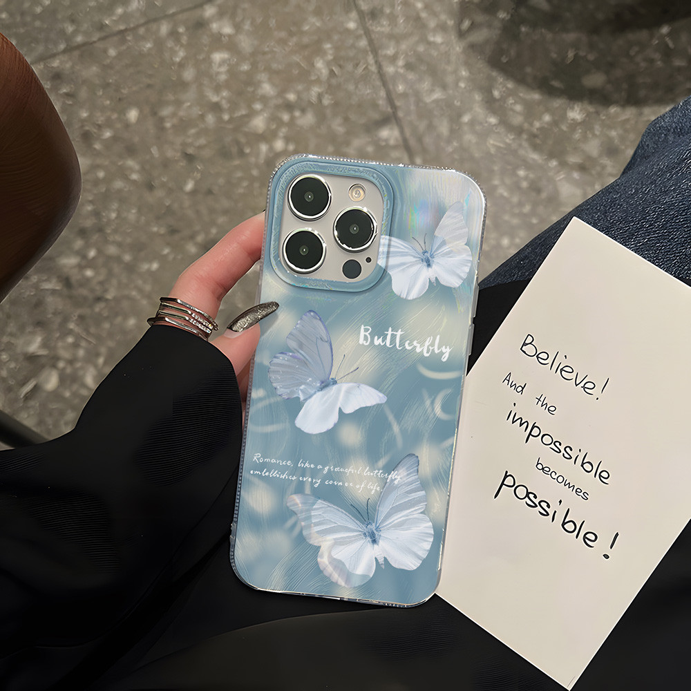 ผีเสื้อสีฟ้า เคสโทรศัพท์เลเซอร์สลิเวอร์ for Samsung A55 5G A54 A52 A53 A56 A36 A26 A05S A15 A14 A13 A35 A34 A33 A06 S24