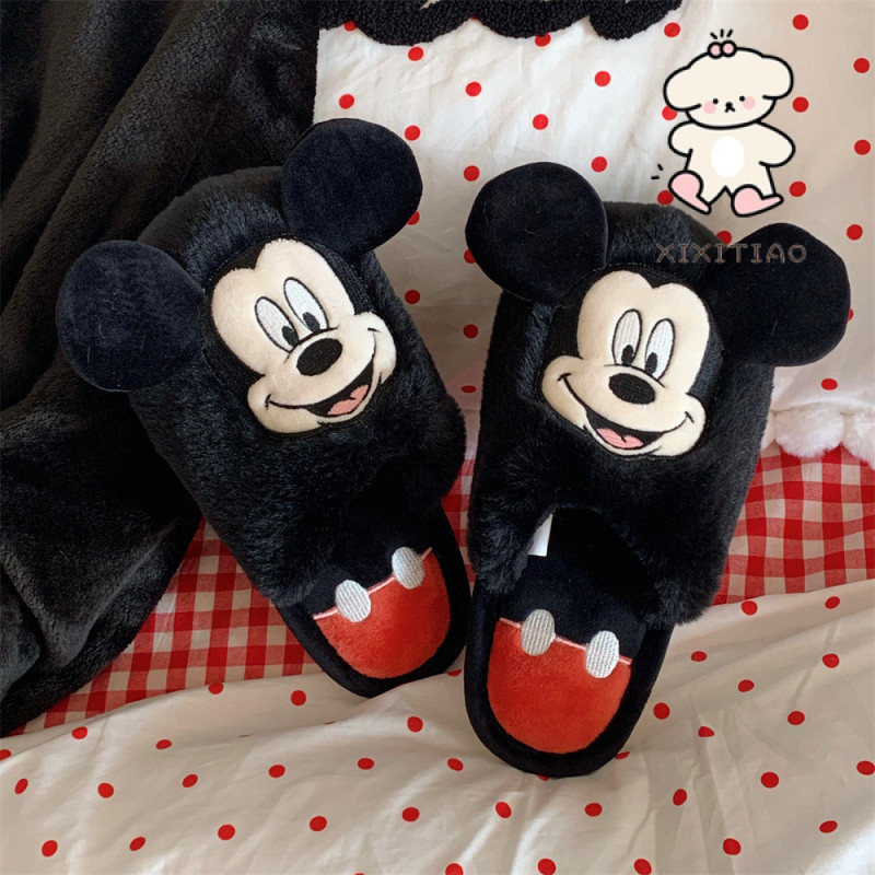 ฉี่เตียว สไตล์ใหม่คู่น่ารักมิกกี้มินนี่รองเท้าแตะผ้าฝ้ายฤดูใบไม้ร่วงฤดูหนาวในร่ม