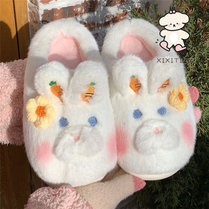 Xitiao ฤดูใบไม้ร่วงฤดูหนาว Leisure บ้านในร่ม Warm Plush รองเท้าแตะผ้าฝ้ายหญิงการ์ตูนน่ารักกระต่าย Soft Sole Baotou Confinement รองเท้า