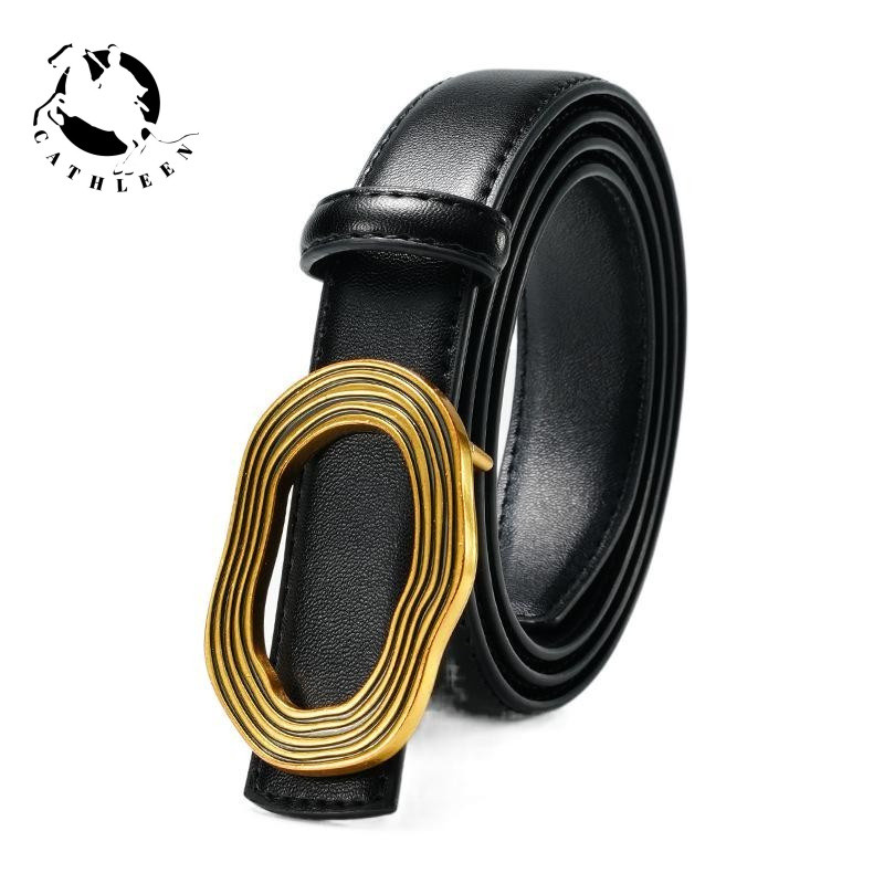 CATHLEEN เข็มขัดสำหรับสุภาพสตรี หนังวัสดุพรีเมี่ยม หรูหรา ตกแต่งด้วยหัวเข็มขัดสีทอง ดีไซน์สวยเข็มขัด