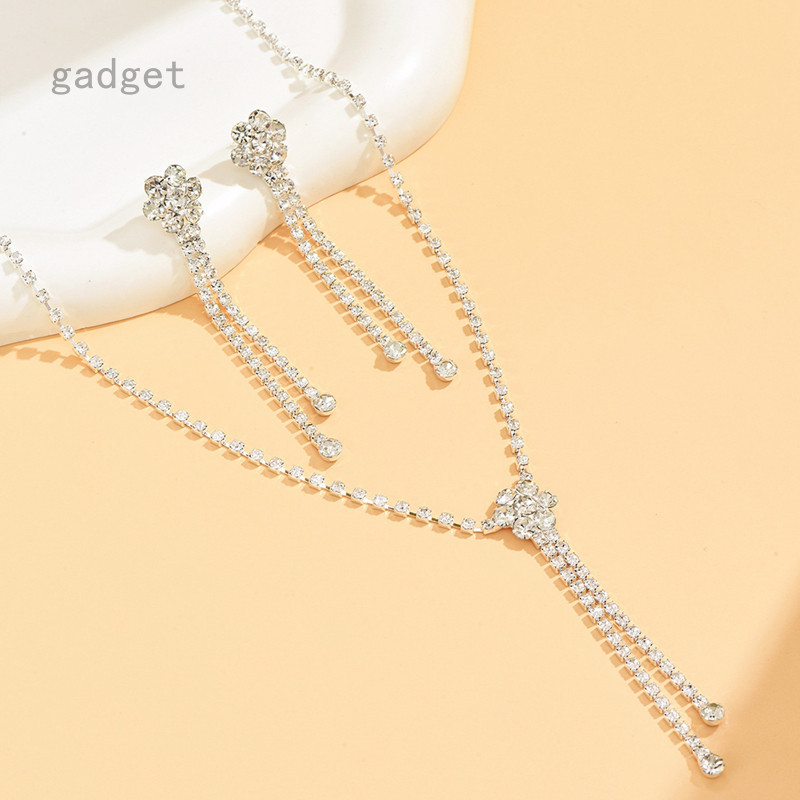 GDT 3PCS Rhinestone พู่สร้อยคอและต่างหูชุดเครื่องประดับงานแต่งงานหรูหรา