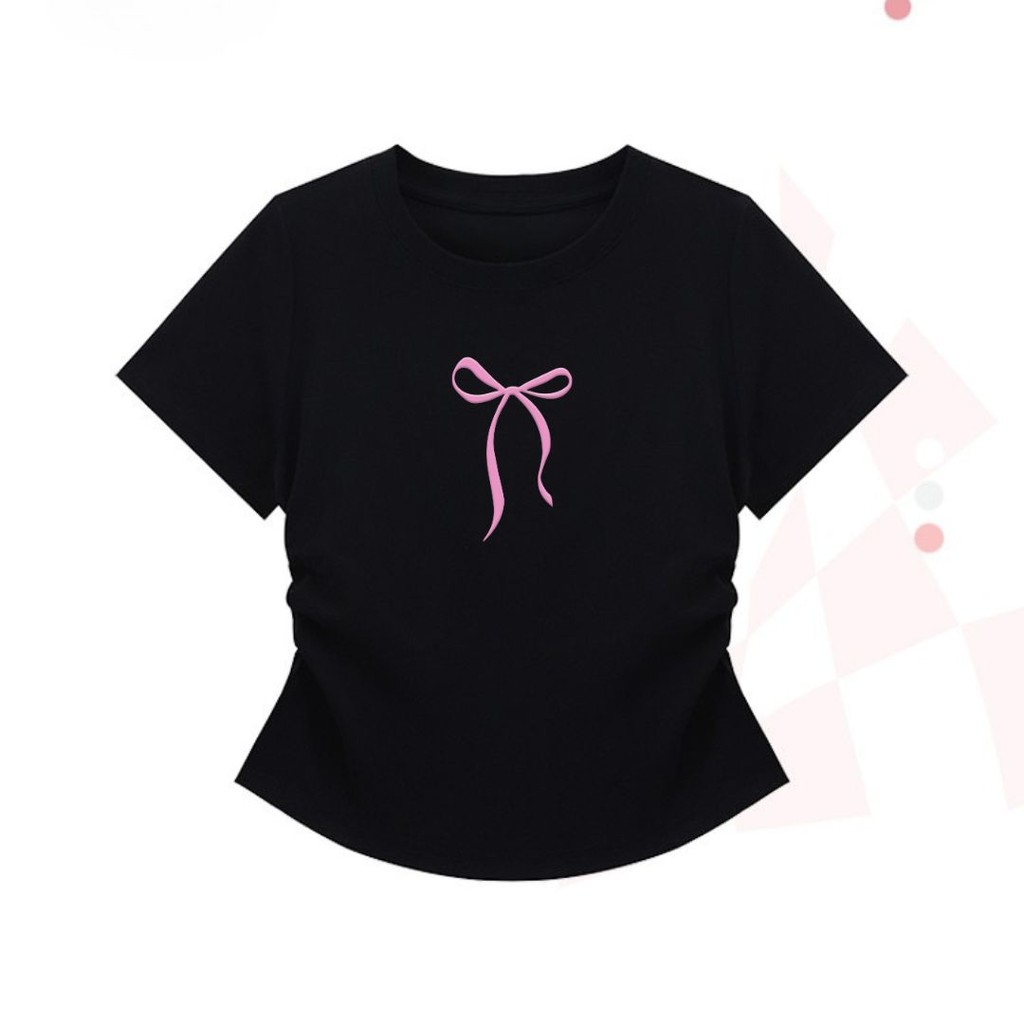 【My-T】🎀เสื้อโบว์ เสื้อชมพู crop top ทรงสวย ใส่แล้วพรางหุ่น เอวคอดสุด แต่งย่นข้าง รุ่น เสื้อ baby tee“BOW”