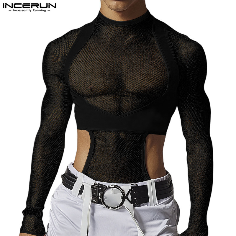 ไม่แน่นอน ผู้ชายวินเทจลําลองรอบคอตาข่ายกลวงแขนยาวเสื้อยืด