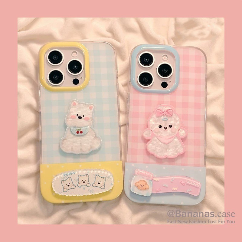 Iphone 16 15 14 13 12 11 Pro Max X Xr Xs Max 7 8 Plus SE2020 เคสโทรศัพท์ Ins 3D DIY น่ารักนั่งเชื่อฟังลูกสุนัขสีขาวคู่ใสปกหลังนุ่ม