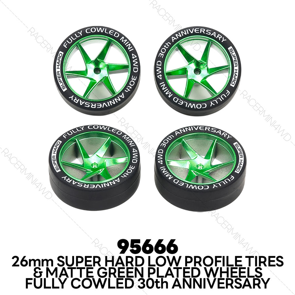 TAMIYA 95666 26mm Super Hard Low Profile Tires & Matte Green Plated Wheels (Spiral Spoke) Fully Cowled 30th Anniversary
