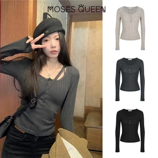 < MOSESQUEEN > เสื้อผ้าสตรีแบบเน็คพิทสตริป แขนยาว รูปแบบเซมิโอเพน ผิวสัมผัสใหม่ บางและเรียบ ด้านในชั้นล่าง #62323
