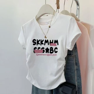 เสื้อยืดแฟชั่นเกาหลีแขนสั้น เสื้อรัดรูปสีขาว เสื้อยืดผู้หญิงน่ารักๆ คอกลม เสื้อยืดผู้หญิง พิมพ์ลาย สไตล์ลำลอง