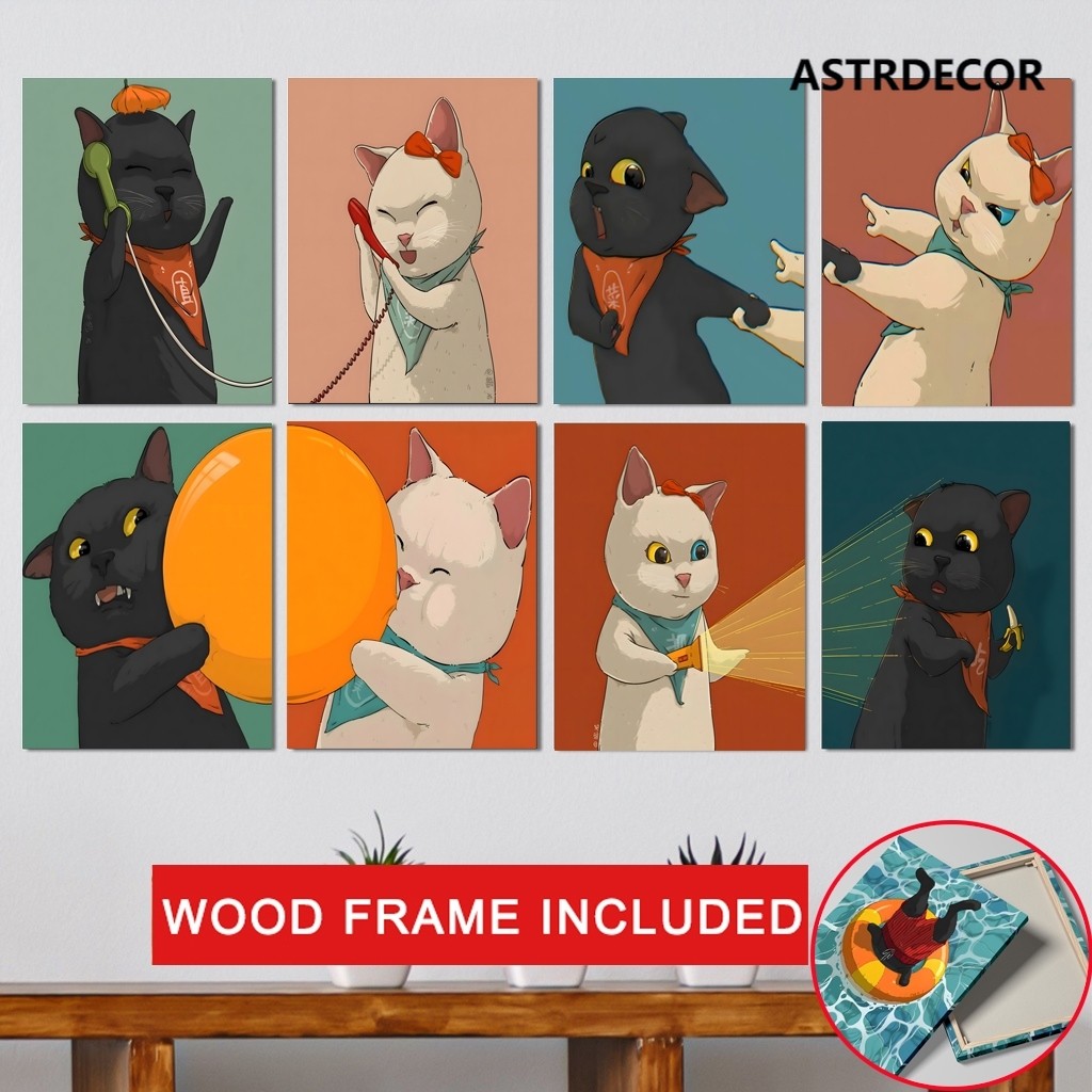 (พร้อมกรอบ) โปสเตอร์ภาพวาดผ้าใบ รูปแมวขาวดํา ของขวัญคู่รัก สําหรับตกแต่งผนังห้องนอน