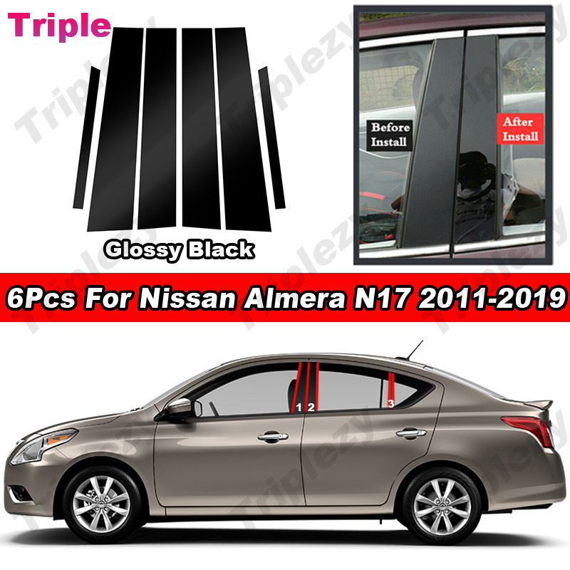 6 ชิ้นGlossy เปียโนสีดํา/คาร์บอนไฟเบอร์ PC วัสดุรถประตูหน้าต่างกลาง BC เสาโพสต์คอลัมน์ฝาครอบกระจกสติกเกอร์ Trim สําหรับ Nissan Almera N17 2011-2019