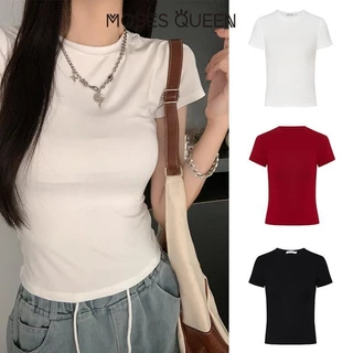 <MOSESQUEEN>เสื้อยืดไหล่เอวหยิกสีขาวแขนสั้นของผู้หญิงสลิมฟิตเสื้อฐานสั้นสาวเผ็ด #62145