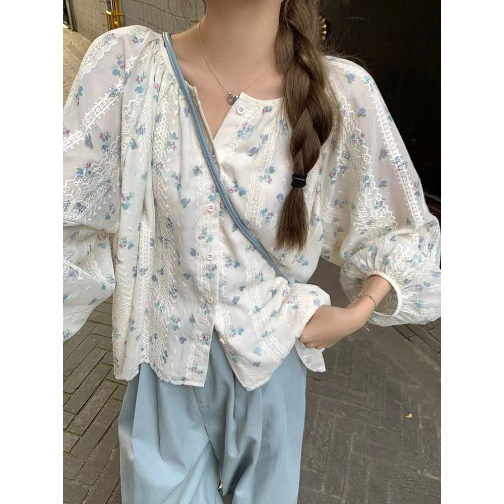 สไตล์เกาหลีดอกไม้สดเสื้อแขนยาวขนาดเล็กหลวม Slimmer ดูรอบคอหวาน Girly เสื้อชีฟอง Horse Match สไตล์ 0E