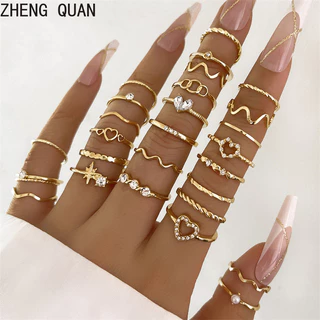 22pcs 28pcs Minimalist หัวใจ Wave แหวนชุด Cubic Zirconia Accents ดอกไม้ Love ปรับ Stackable แหวนชุดผู้หญิงเครื่องประดับ Boho Chic วันหยุดของขวัญทุกวันสวมใส่อุปกรณ์เสริม