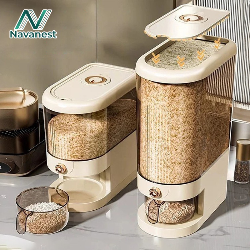 Navanest ถังข้าวความจุขนาด5-10กก. สำหรับใช้ในบ้าน ป้องกันความชื้น ใช้งานสะดวก กดปุ่ม ข้าวจะไหลออกมาเ