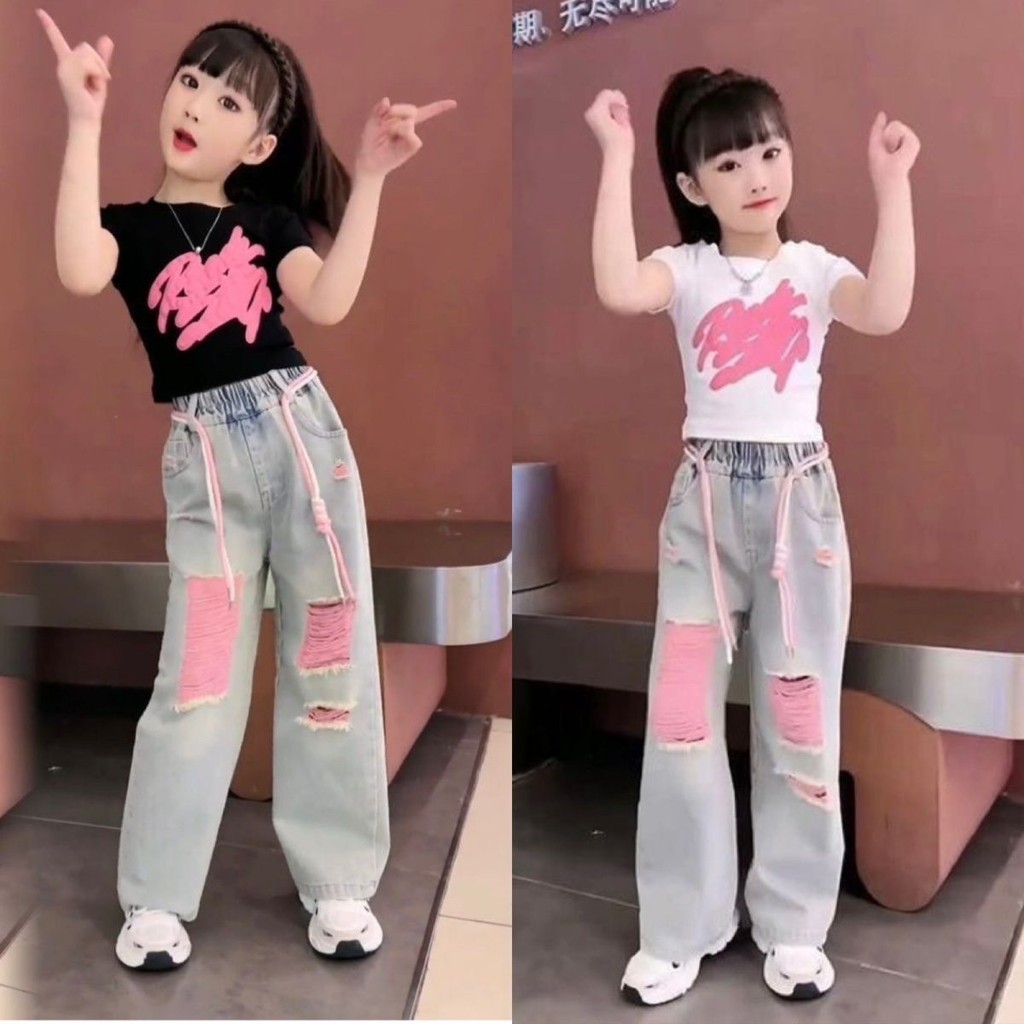 ทีกางเกงเสื้อผ้าฤดูร้อนสาวฤดูร้อนกางเกงยีนส์บาง2024กลางเด็กใหญ่อินเทรนด์ทอดถนนฉีกกางเกงเด็กฤดูร้อนกางเกงอินเทรนด์