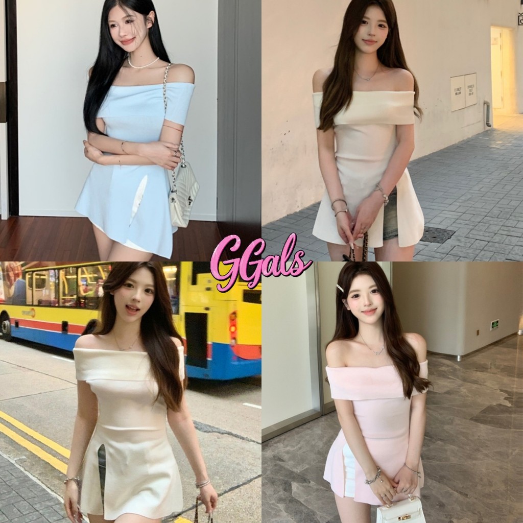 🌺GGals🌺เสื้อแขนสั้น สีพื้น ปาดไหล่ ดีเทลปลายปล่อยแหวกข้าง เสื้อผ้าแฟชั่นผู้หญิง สไตล์เกาหลี ใส่สบาย ส่งไวจากไทย#792