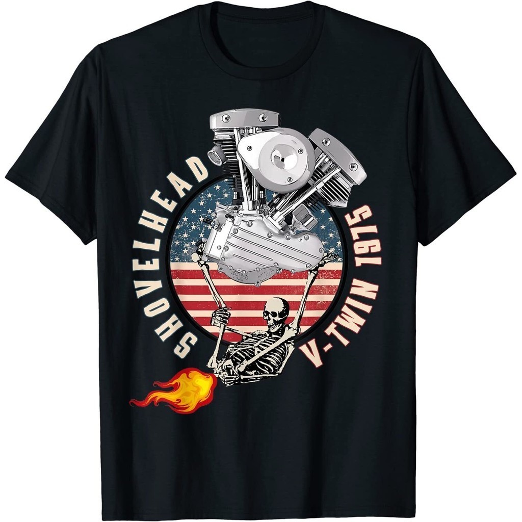 1975 Hd Shovelhead Vtwin เปลวไฟผายลมรถจักรยานยนต์ Americana เสื้อยืด