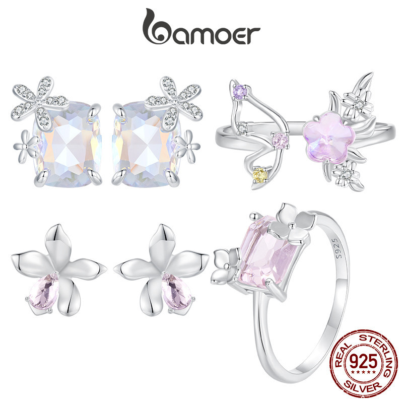 Bamoer ต่างหูเม็ดเดี่ยว เงินแท้ 925 รูปผีเสื้อ ดอกไม้ สีชมพู สําหรับผู้หญิง SCR1012
