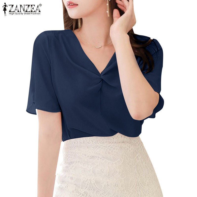 Zanzea เสื้อเบลาส์แขนสั้น คอวี จับจีบ สีพื้น สไตล์เกาหลี สําหรับผู้หญิง