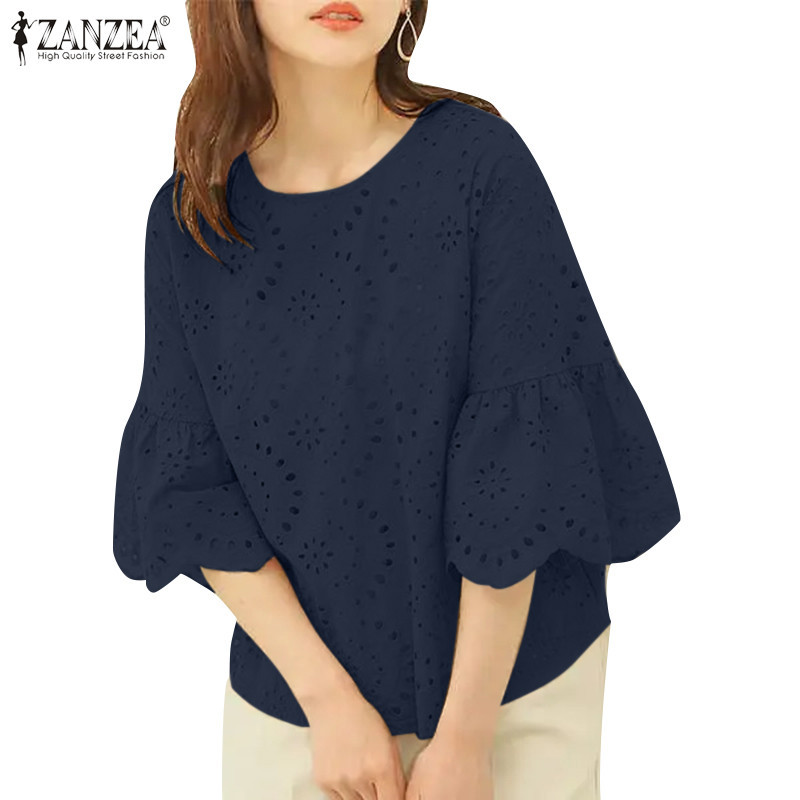 Zanzea เสื้อท็อป คอกลม แขน 3/4 ผ้าฝ้าย แต่งลูกไม้ สีพื้น แฟชั่นเกาหลี สําหรับผู้หญิง