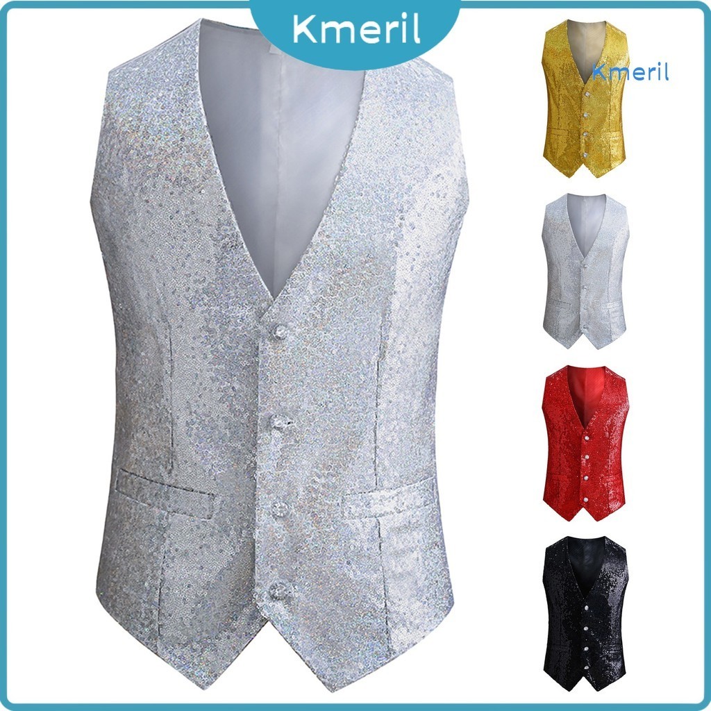 [kmeril] ผู้ชายเสื้อกั๊กเงาเลื่อมแขนกุด Slim Fit Cardiagn กระดุมแถวเดียว V คอปรับกลับหัวเข็มขัดเวทีแ