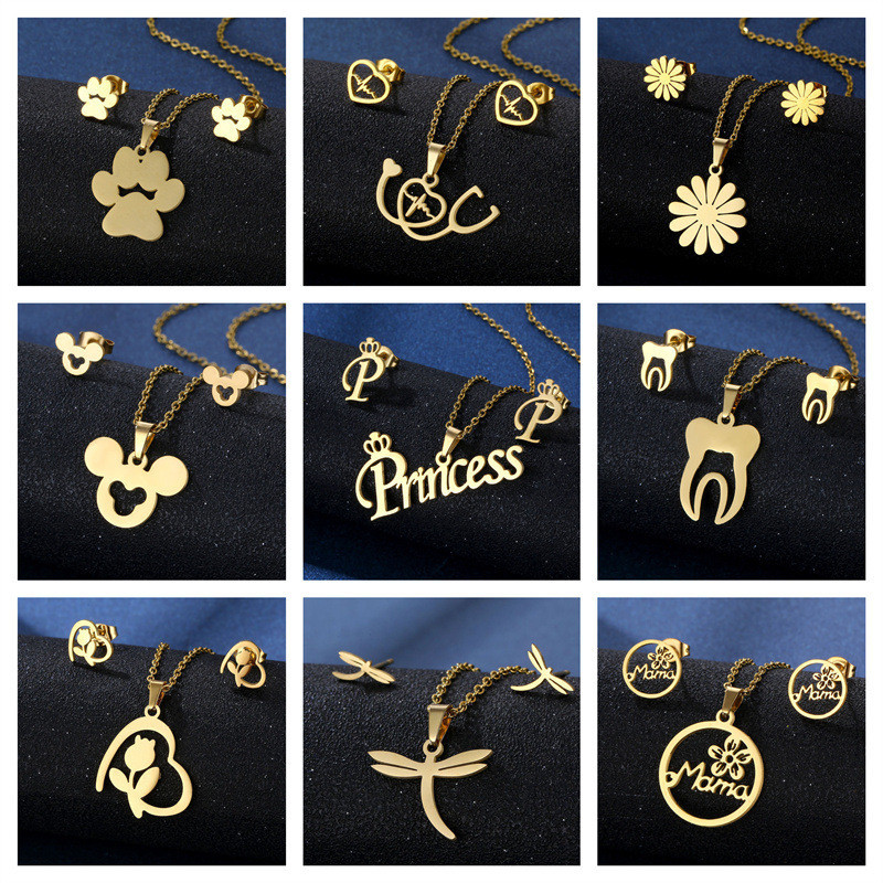 Yinuovo สแตนเลสกันน้ํา niche แฟชั่นต่างหูสีทองหวานชุดสร้อยคอ ดอกไม้-กุหลาบ-มิกกี้-สัตว์เล็ก-รัก