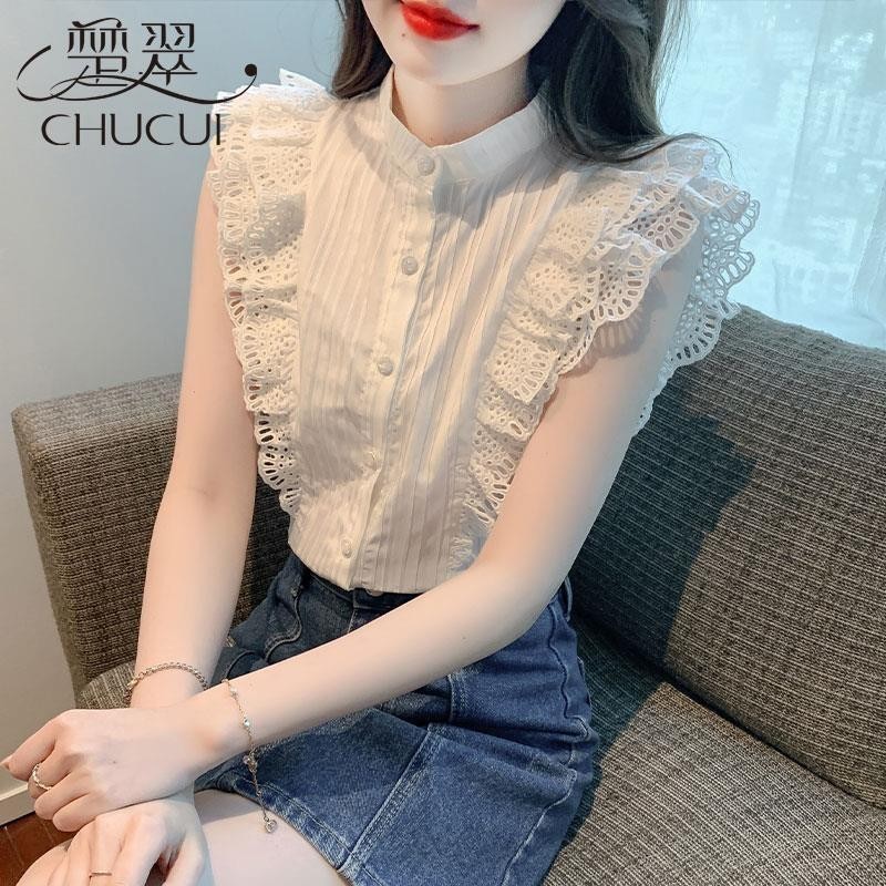 เสื้อเชิ้ตแขนสั้น ผ้าชีฟอง แต่งระบาย สไตล์ฝรั่งเศส แฟชั่นฤดูร้อน สําหรับผู้หญิง 202420240422