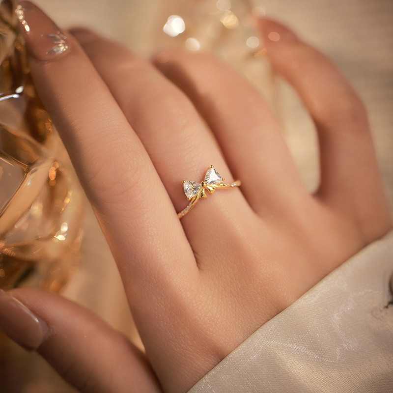 สไตล ์ เกาหลีผู ้ หญิง S925 เงินทอง Bowknot ทองแดงเพทายเพชรแหวนแต ่ งงานแฟชั ่ นอุปกรณ ์ เสริม - รูปที่ 2