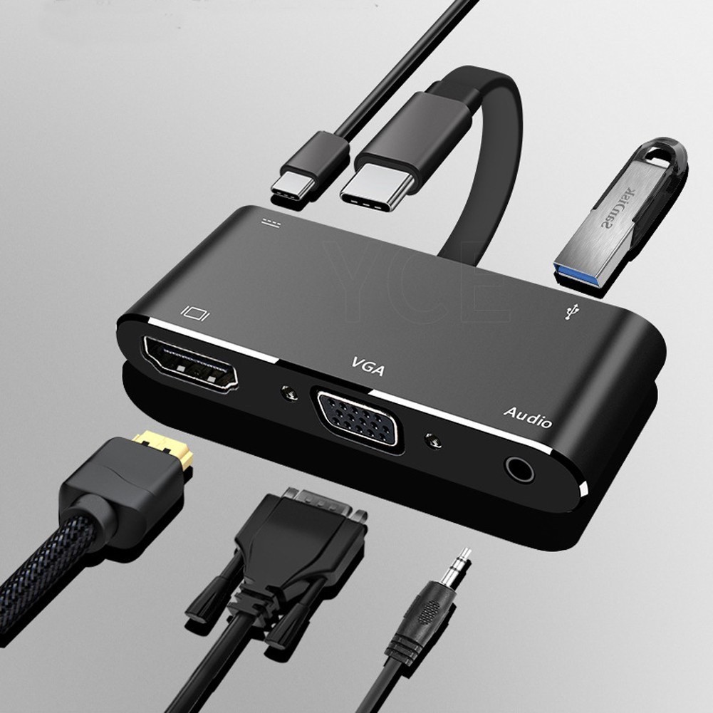 อะแดปเตอร์ USB C เป็น HDTV 5 in 1 4K Type-C 3.1 เป็น HDTV/VGA/เสียง/USB 3.0 USB Converter