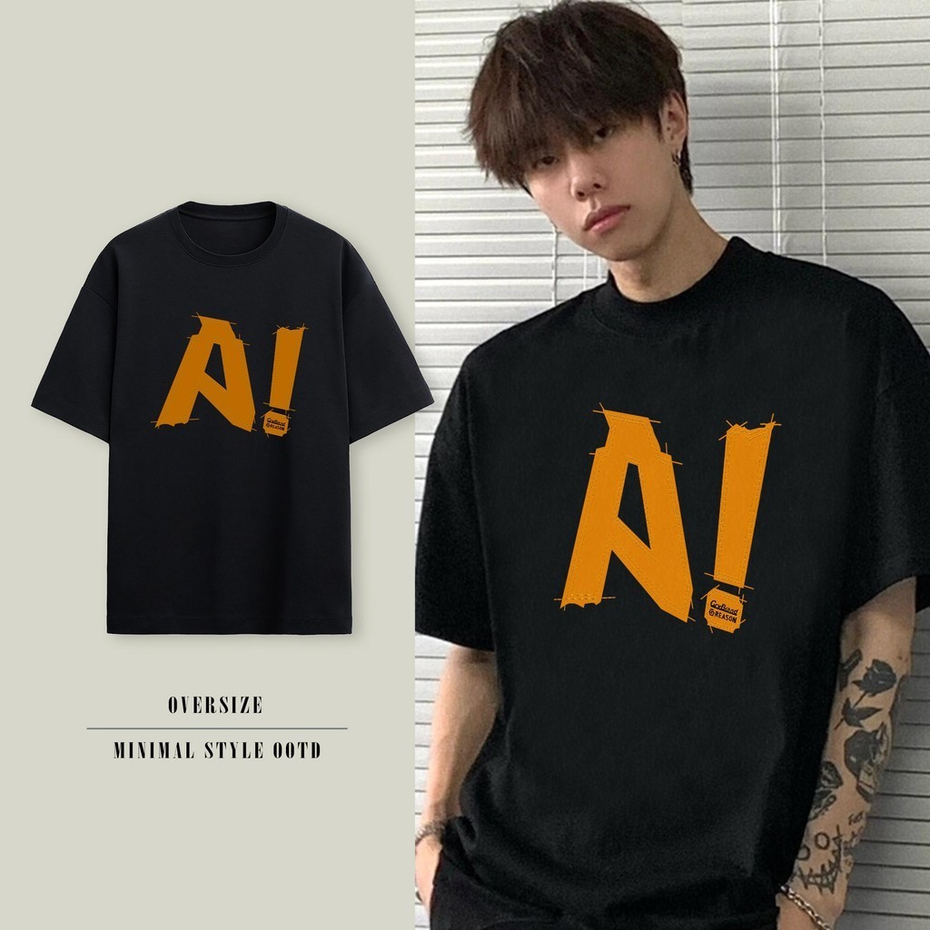 Basi เสื้อยืด ผ้าคอตตอน โอเวอร์ไซส์ ลายตัวอักษร "A!" ผ้าฝ้ายนิ่มสบายสไตล์เกาหลี มินิมอล 2สี 3xl