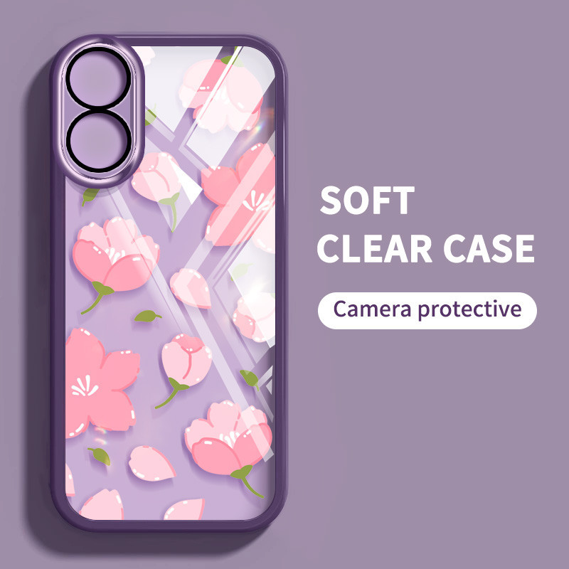 เคสโทรศัพท์กันกระแทกสําหรับoppo A3X 5G 4G A60 4G A1 A2 A79 A98 F23 5GสีชมพูTulipโปร่งใสฝาครอบป้องกันโทรศัพท์