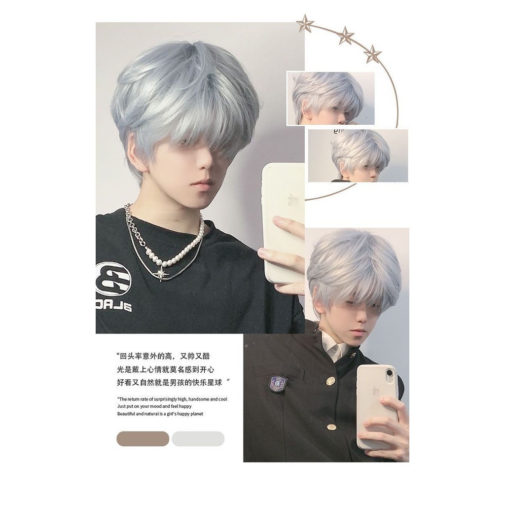 วิกผมชายผมสั้นเกาหลีรุ่นหล่อญี่ปุ่นชายเงินน้ำแข็งสีฟ้ายายสีเทาธรรมชาติประจำวันผู้ชายเต็มหัว - รูปที่ 6