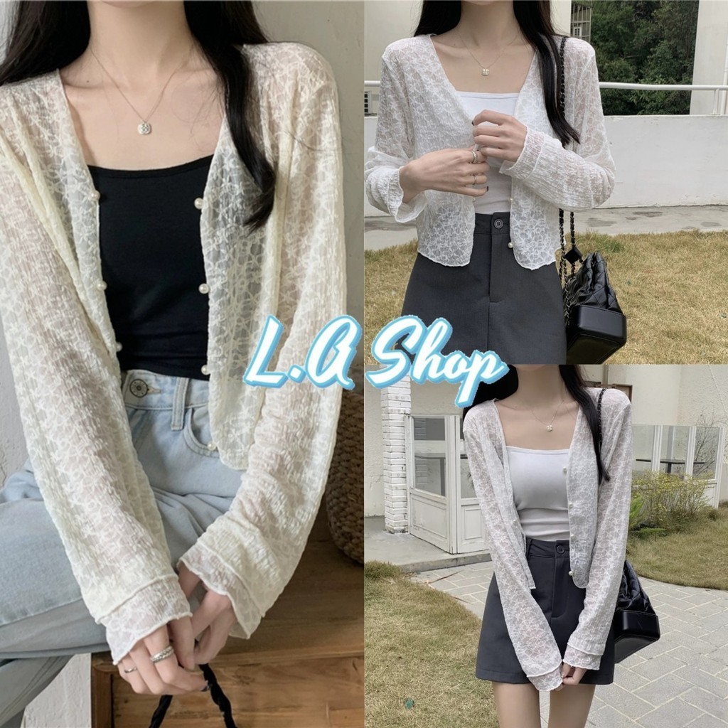 L.A Shop พร้อมส่ง เสื้อคลุมไหมพรม แขนยาว ซีทรูเบาบาง ลายลูกไม้ "8K122"